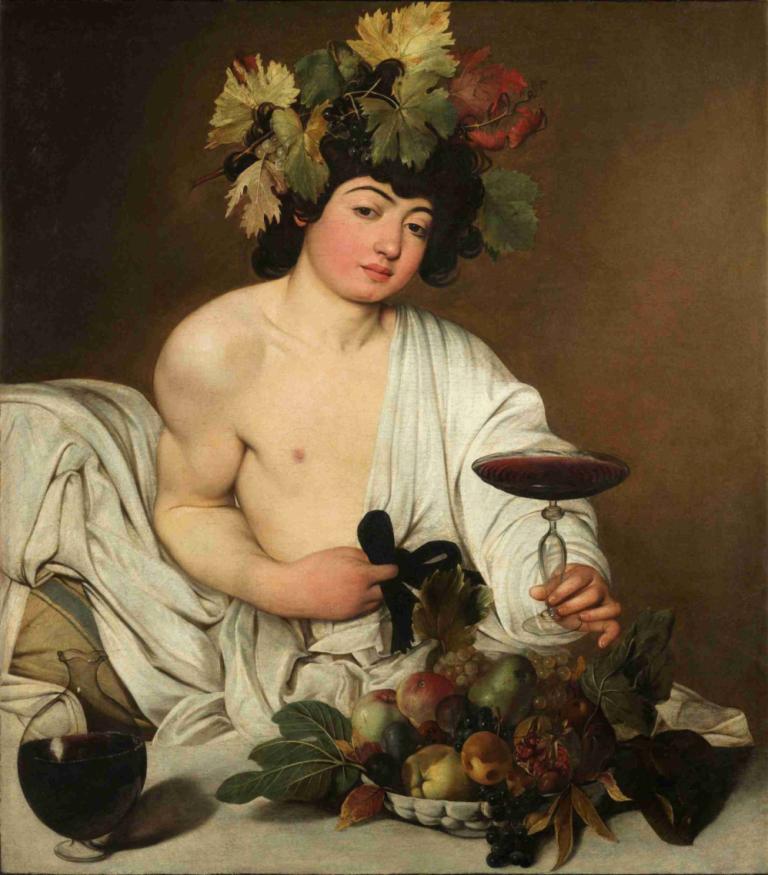 Bacchus,Caravaggio,Oil Painting,Oil Painting, fine art parody, 1boy, male focus, solo, realistic, fruit