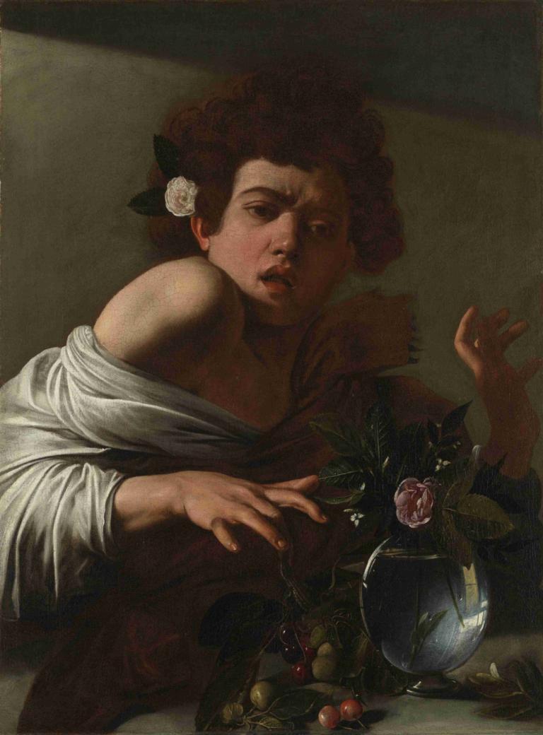 Boy Bitten by a Lizard,Caravaggio,Oil Painting,Oil Painting, fine art parody, solo, flower, realistic