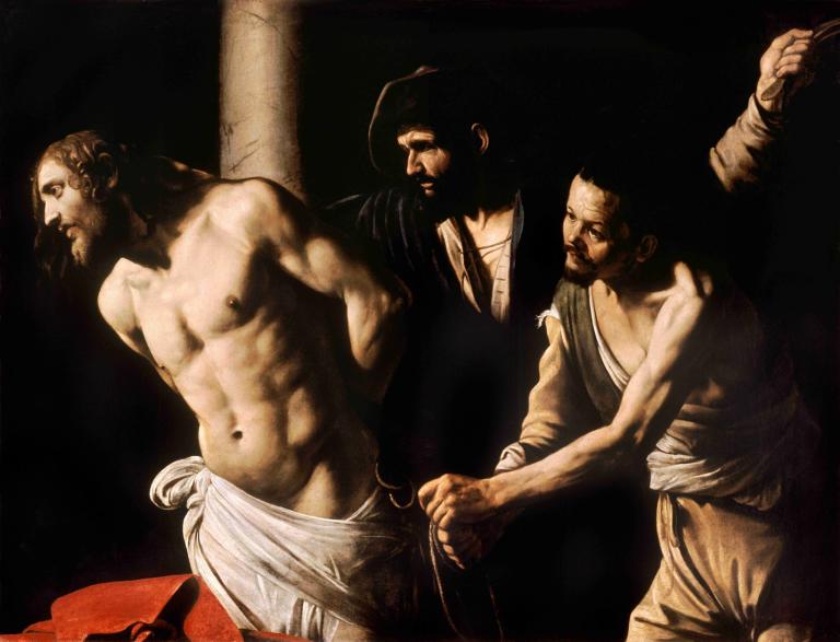 Christ at the Column,Caravaggio,Oil Painting,Oil Painting, male focus, multiple boys, fine art parody, 3boys