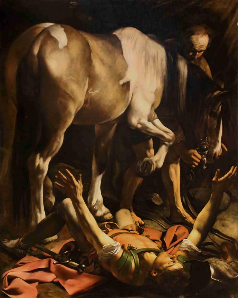 Conversion of Saint Paul,Caravaggio,Oil Painting,Oil Painting, fine art parody, 1girl, horse, hetero, weapon