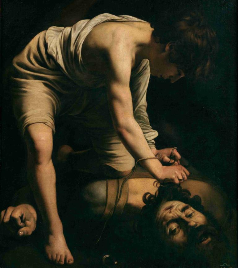 David and Goliath,Caravaggio,Oil Painting,Oil Painting, barefoot, fine art parody, 1boy, blood, realistic