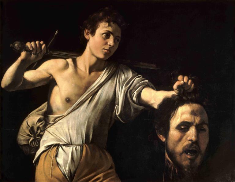 David with the Head of Goliath,Caravaggio,Oil Painting,Oil Painting, realistic, fine art parody, sword