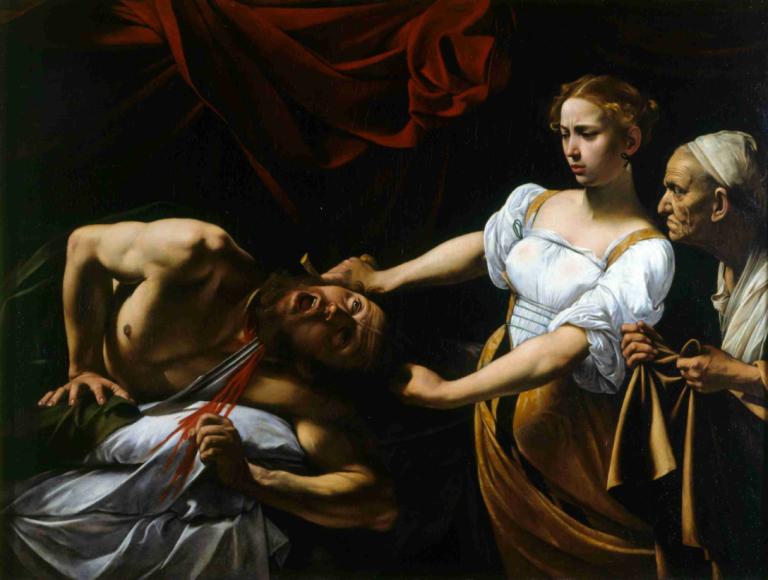 Judith beheading Holofernes,Caravaggio,Oil Painting,Oil Painting, 1girl, fine art parody, multiple boys