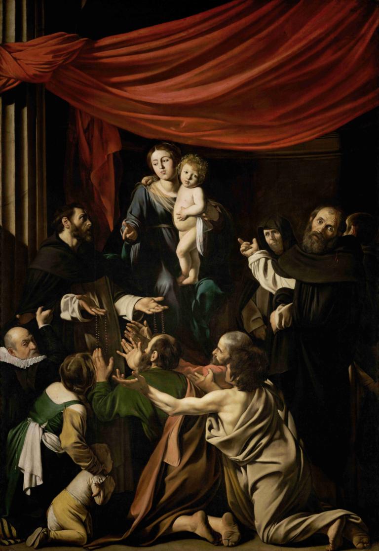 Madonna of the Rosary,Madonna van de Rozenkrans,Caravaggio,Olieverf,Olieverf, parodie op beeldende kunst