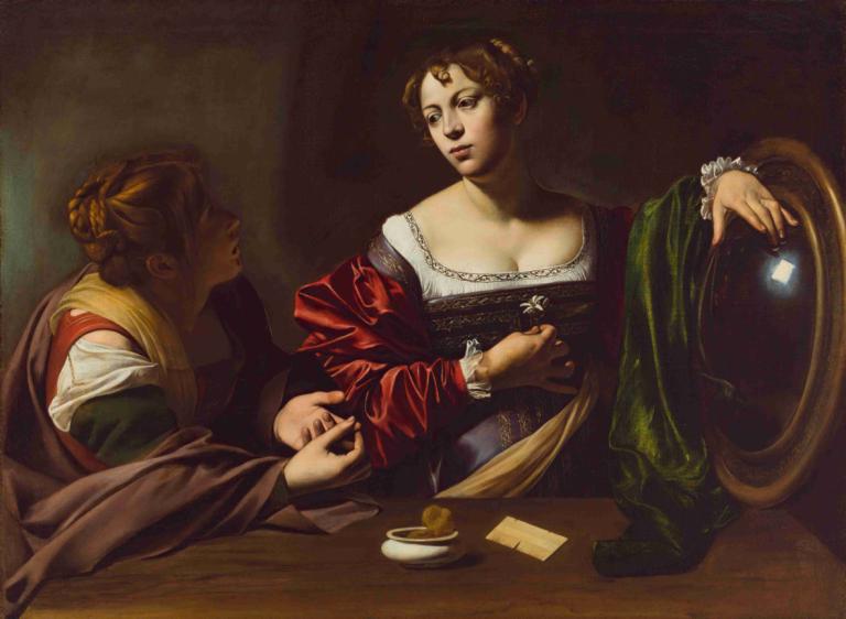 Martha and Mary Magdalene,Martha en Maria Magdalena,Caravaggio,Olieverf,Olieverf, parodie op beeldende kunst