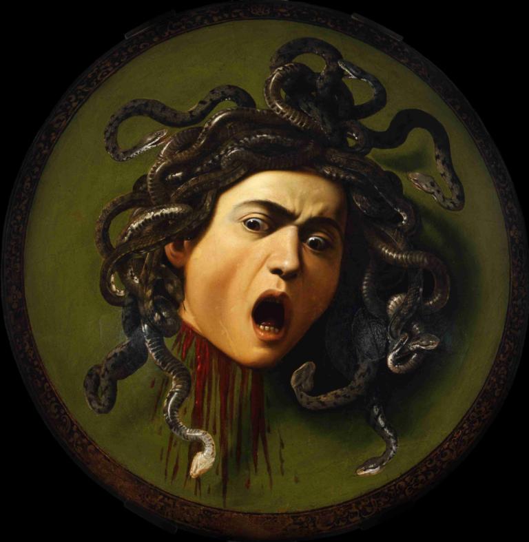 Medusa,Caravaggio,Oil Painting,Oil Painting, solo, open mouth, horror (theme), realistic, black eyes, blood