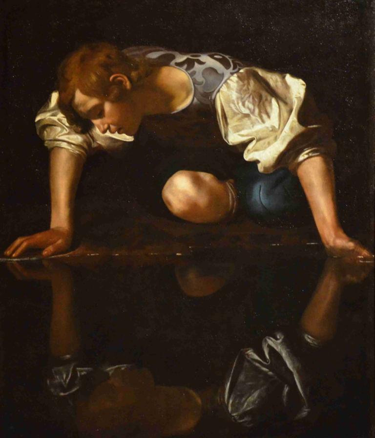 Narcissus,Caravaggio,Oliemaleri,Oliemaleri, afspejling, solo, brunt hår, skjorte, 1 dreng, mandligt fokus