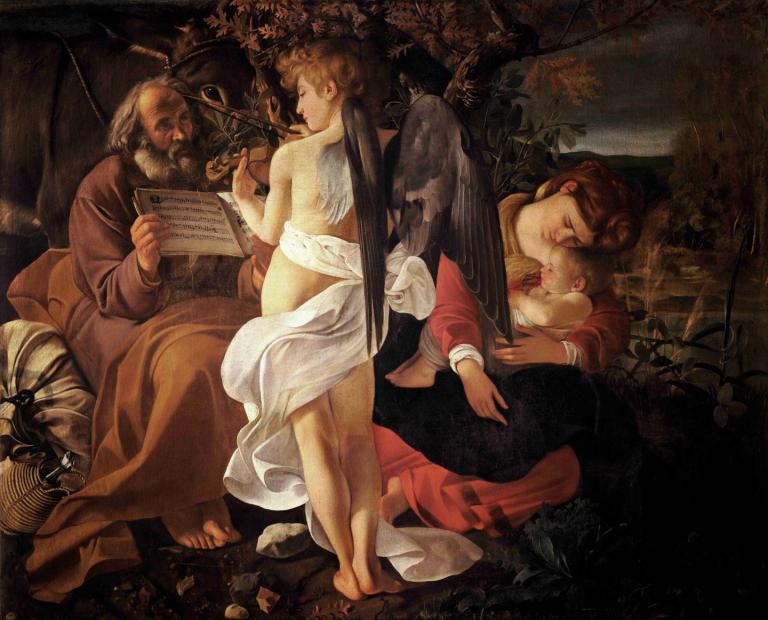 Rest on the Flight into Egypt,Caravaggio,Oil Painting,Oil Painting, fine art parody, wings, barefoot