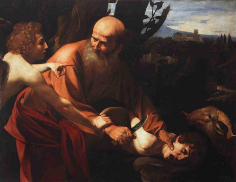 Sacrifice of Isaac,Isaks offer,Caravaggio,Oliemaleri,Oliemaleri, kunstparodi, flere drenge, 1 pige, nøgen