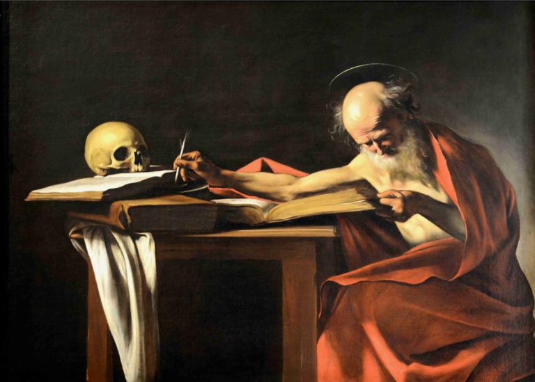 Saint Jerome Writing,Caravaggio,Oil Painting,Oil Painting, fine art parody, skull, male focus, bald, 1boy