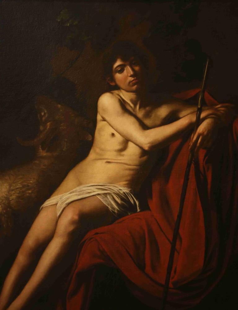 Saint John the Baptist,Caravaggio,Oil Painting,Oil Painting, fine art parody, 1boy, male focus, realistic