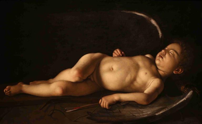 Sleeping Cupid,Sovende Amor,Caravaggio,Oljemaleri,Oljemaleri, solo, 1 jente, kunstparodi, naken, brystvortene