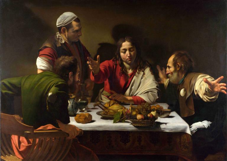 Supper at Emmaus,Caravaggio,Oil Painting,Oil Painting, fine art parody, multiple boys, realistic, food, table