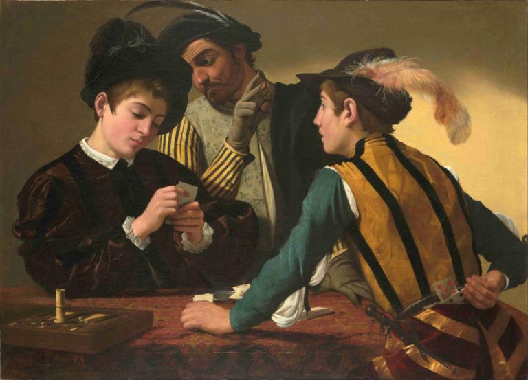 The Cardsharps,Caravaggio,Oil Painting,Oil Painting, multiple boys, fine art parody, hat, holding, knife