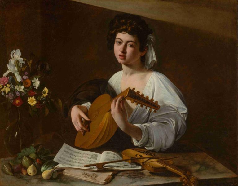 The Lute Player,류트 연주자,Caravaggio,카라바지오,오일 페인팅,오일 페인팅, 여자 1명, 기구, 독주, 미술 패러디, 꽃, 음악, 현실적인, 흑발, 악기 연주, 망할 음악