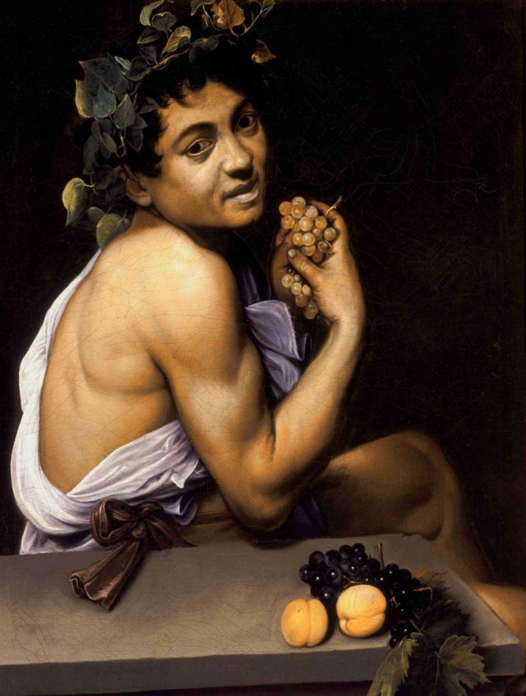 Young Sick Bacchus,젊은 아픈 바커스,Caravaggio,카라바지오,오일 페인팅,오일 페인팅, 과일, 1남, 독주, 남성 집중, 음식, 미술 패러디, 현실적인, 포도