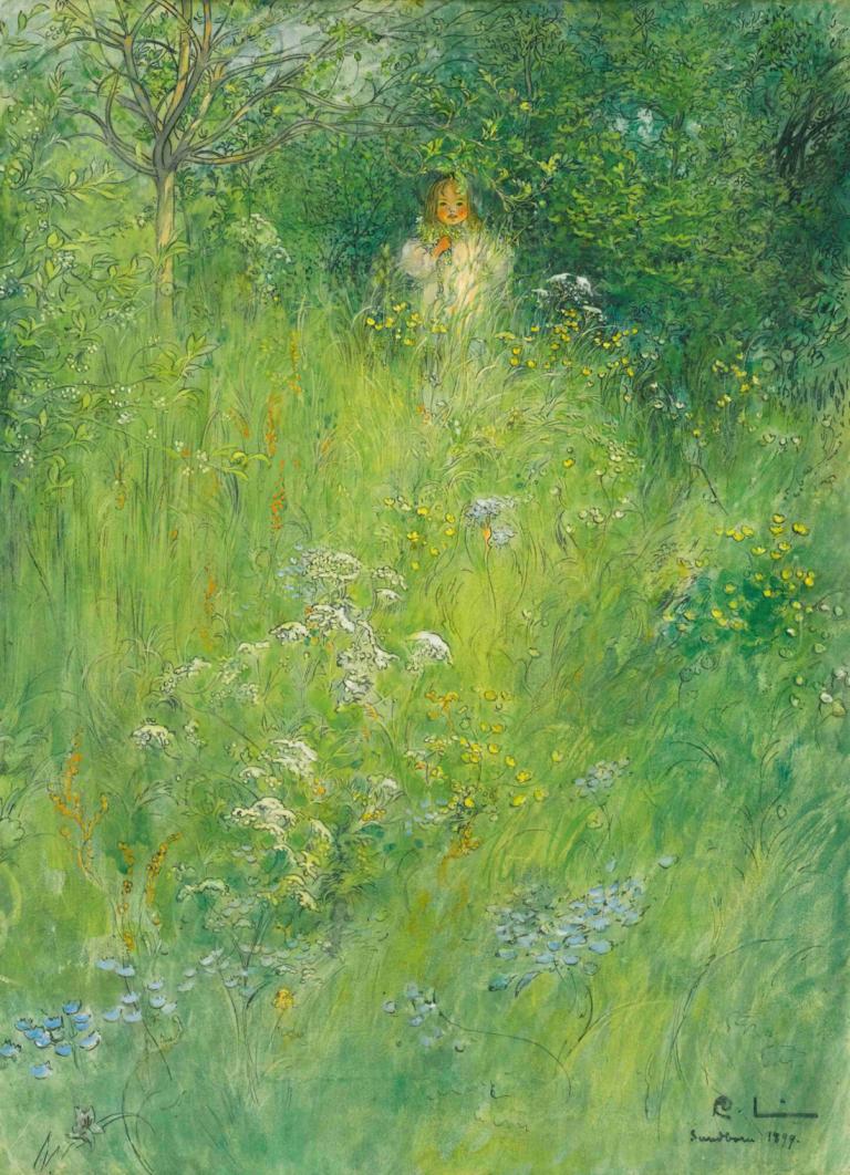 A Fairy (Kersti In The Meadow),Carl Larsson,Oil Painting,Oil Painting, tree, flower, nature, grass, scenery