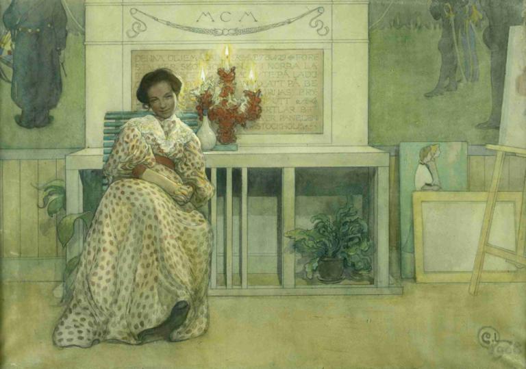 After The Prom,Carl Larsson,Oil Painting,Oil Painting, plant, sitting, dress, candle, 1girl, black hair