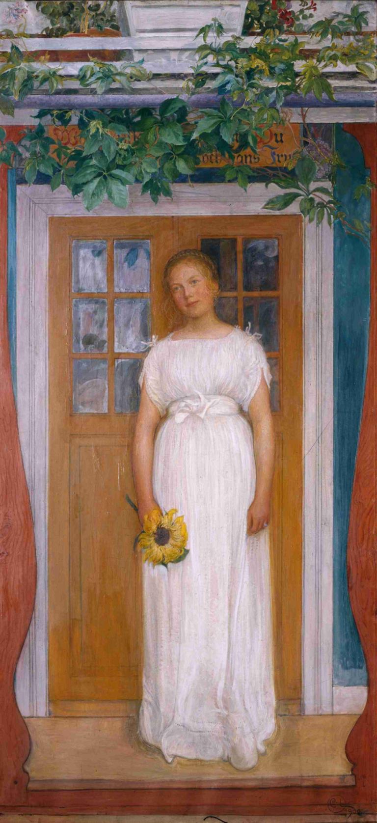 Age of Seventeen,Carl Larsson,Oil Painting,Oil Painting, 1girl, dress, solo, flower, white dress, holding