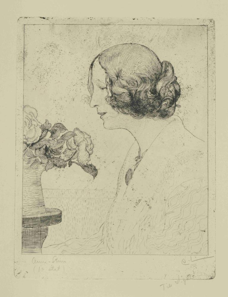 Anna-Stina Alkman,Carl Larsson,Sketch,Sketch, 1girl, monochrome, solo, flower, profile, jewelry, necklace