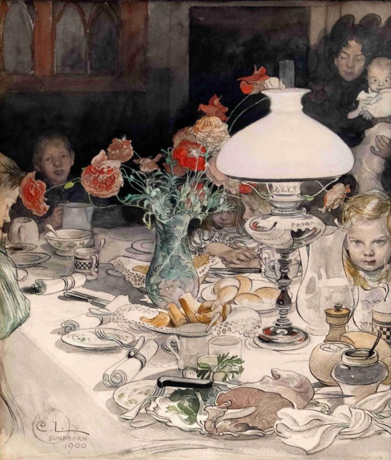 Around the Evening Lamp,Carl Larsson,Oil Painting,Oil Painting, food, signature, table, plate, cup, flower