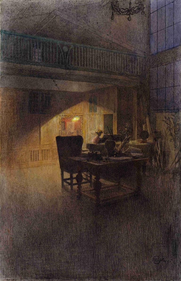 At the Piano,Carl Larsson,Oil Painting,Oil Painting, no humans, traditional media, chair, scenery, table