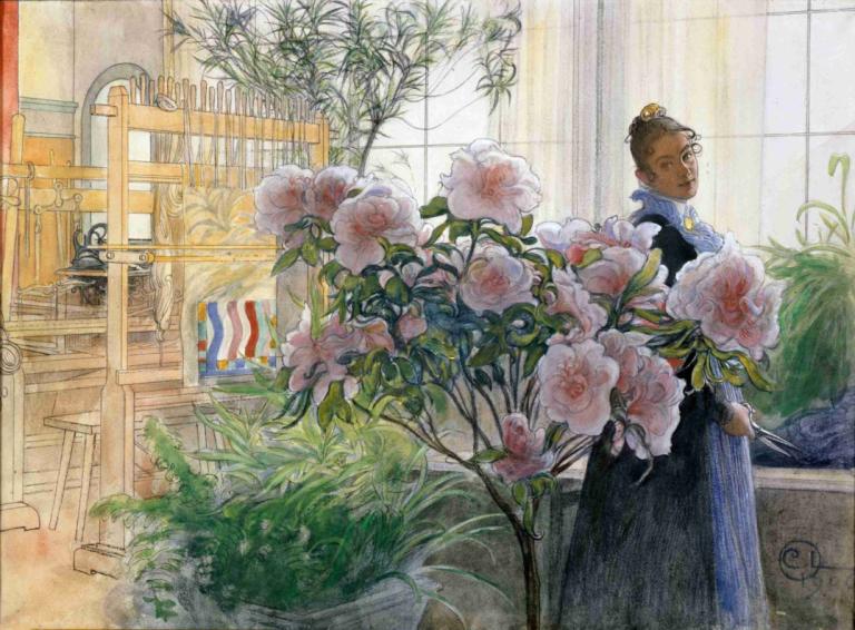 Azalea,Carl Larsson,Oil Painting,Oil Painting, flower, 1girl, dress, solo, plant, traditional media, window