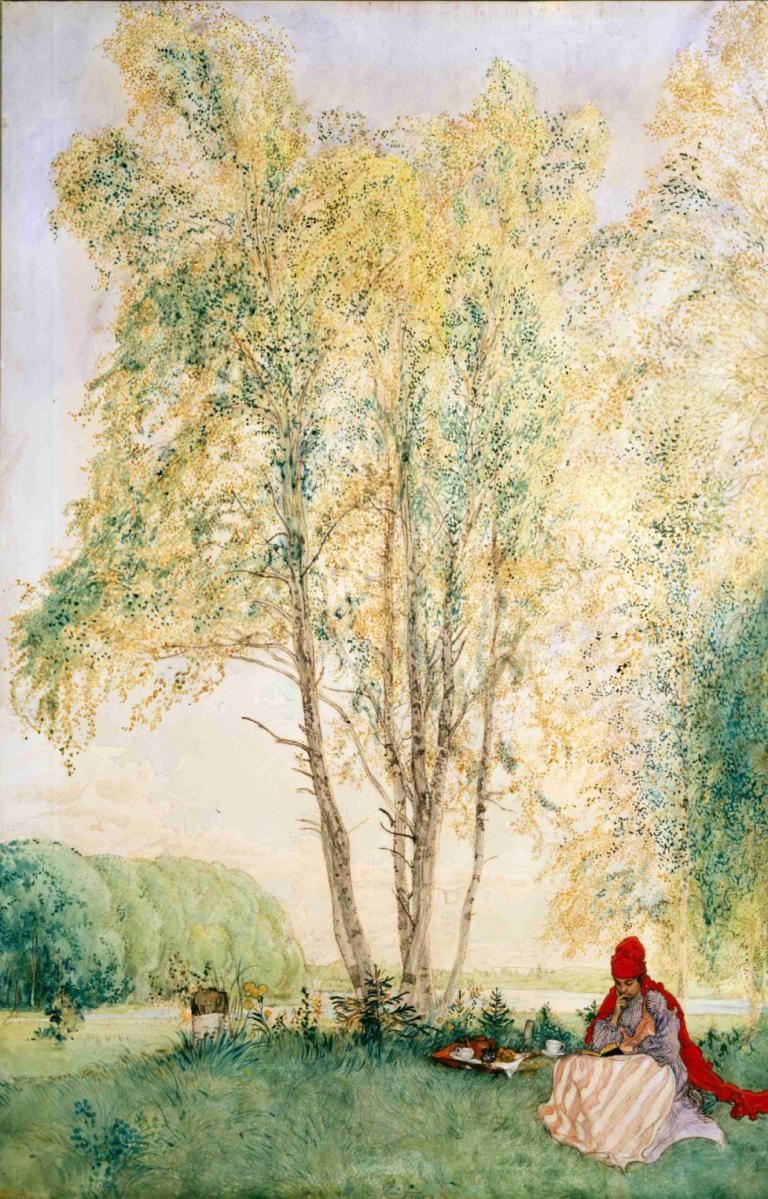 Beneath the Birches,Carl Larsson,Oil Painting,Oil Painting, tree, 1girl, long hair, red hair, very long hair