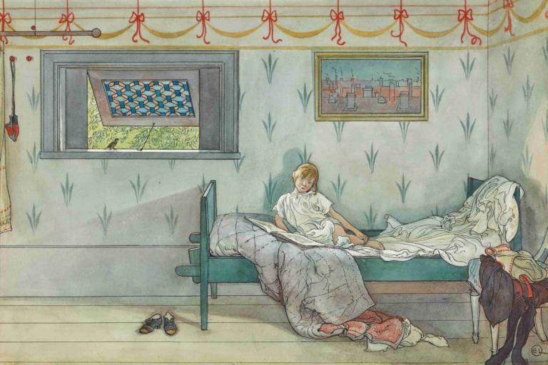 Cock-a-doodle-do, it's seven o'clock,Carl Larsson,Oil Painting,Oil Painting, barefoot, book, long hair