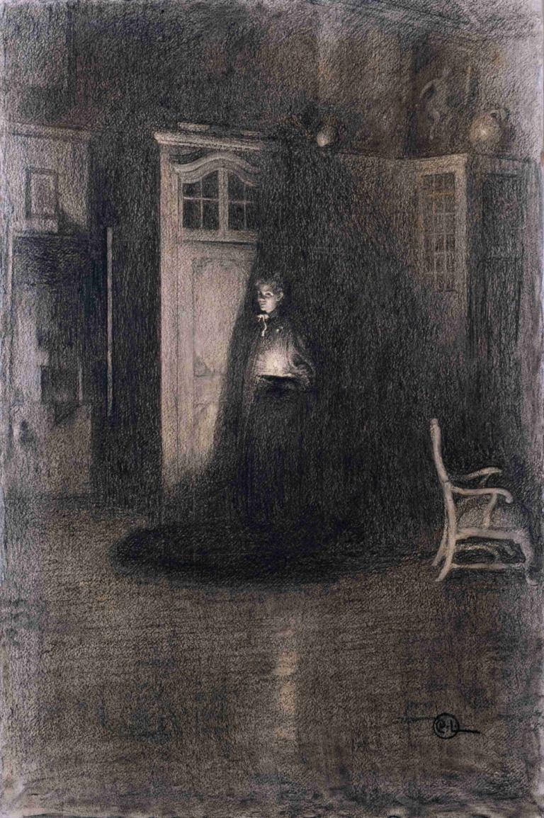 Good Night,Carl Larsson,Oil Painting,Oil Painting, solo, 1girl, dark, horror (theme), door, window