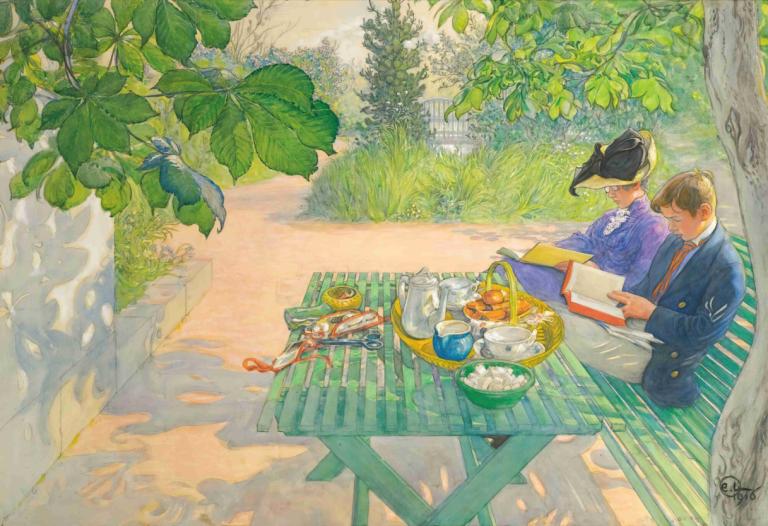 Holiday Reading,Lectură de vacanță,Carl Larsson,Pictura in ulei,Pictura in ulei, copac, mai multi baieti