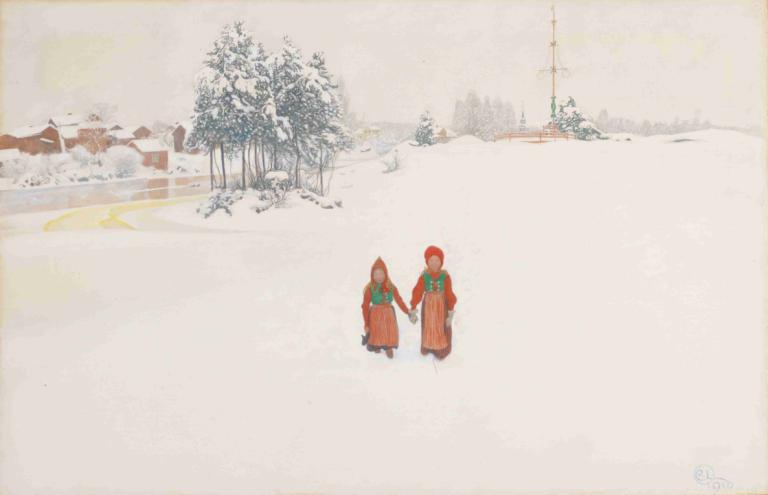 In the Snow,Carl Larsson,Oil Painting,Oil Painting, tree, snow, red hair, long hair, holding hands, wide shot