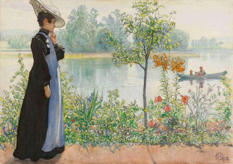 Karin By The Shore,Karin Ved The Shore,Carl Larsson,Oliemaleri,Oliemaleri, blomst, forklæde, rød blomst