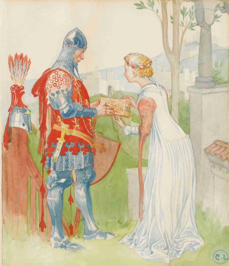 Lisana and Margon,Carl Larsson,Oil Painting,Oil Painting, 1girl, 1boy, armor, dress, cape, helmet