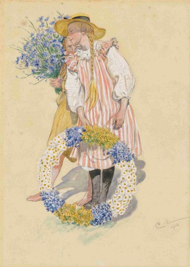 Lisbeth och Brita,Lisbeth und Brita,Carl Larsson,Ölgemälde,Ölgemälde, Blume, Kleid, flechten, blondes Haar