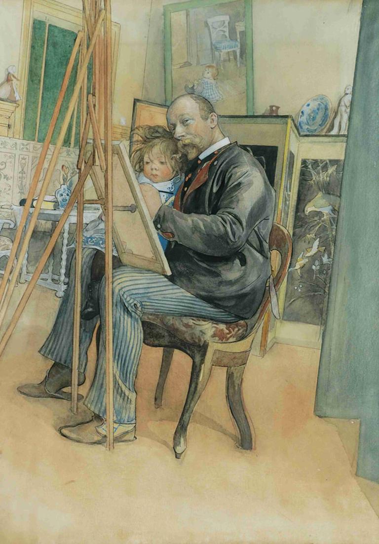 Mirror-image with Brita,Carl Larsson,Oil Painting,Oil Painting, multiple boys, sitting, 2boys, striped