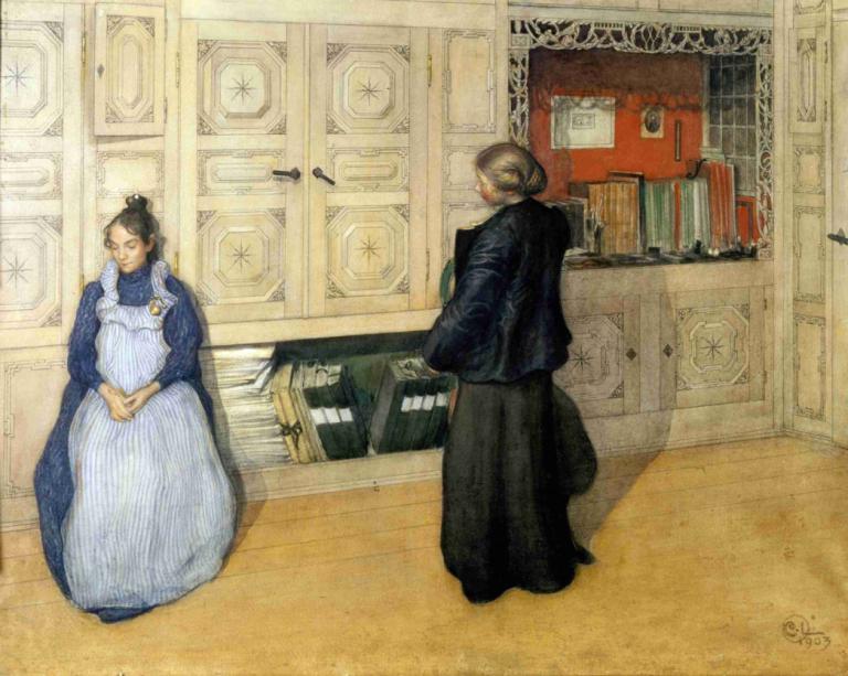 Mother and Daughter,Carl Larsson,Oil Painting,Oil Painting, 1girl, 1boy, dress, apron, book, single hair bun