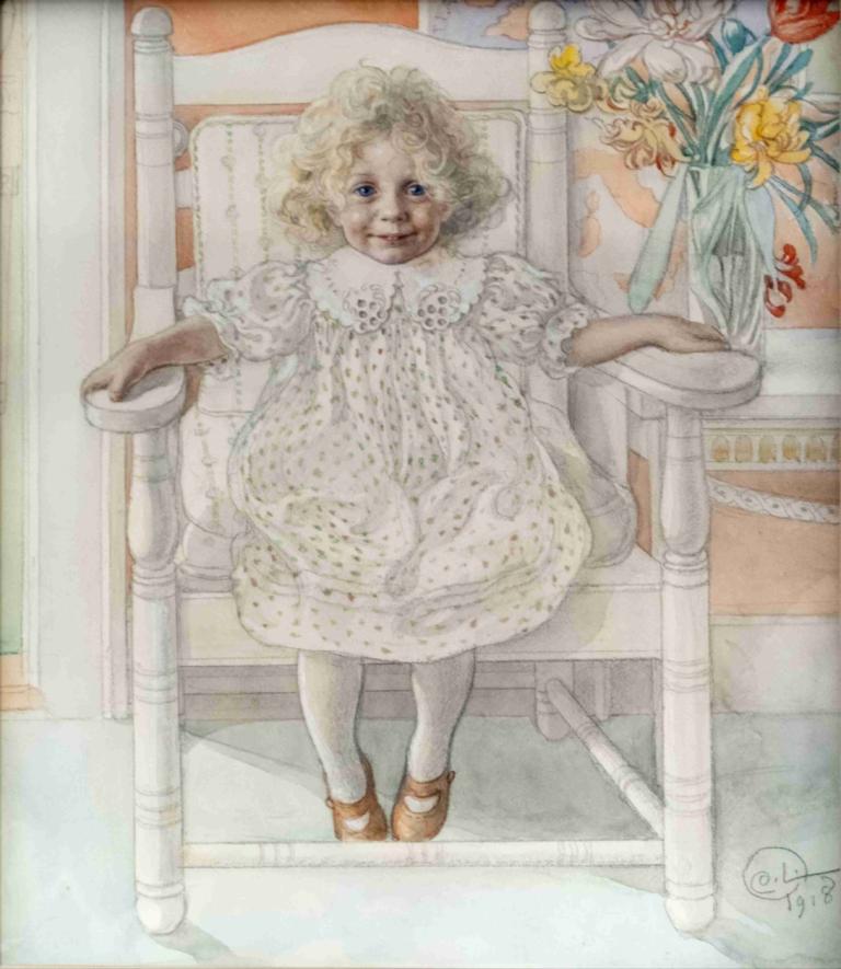 Portrait of Inga-Maria Thiel,Carl Larsson,Oil Painting,Oil Painting, 1girl, dress, solo, flower, white dress