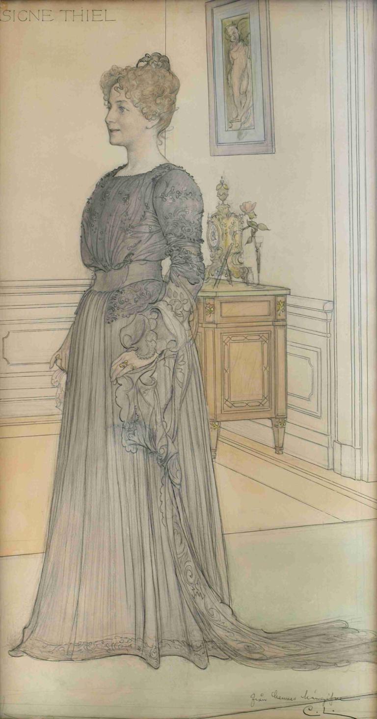 Portrait of Mrs. Signe Thiel,시그 틸 부인의 초상화,Carl Larsson,칼 라슨,오일 페인팅,오일 페인팅, 여자 1명, 독주, 드레스, 실내, 그림(물체), 꽃병