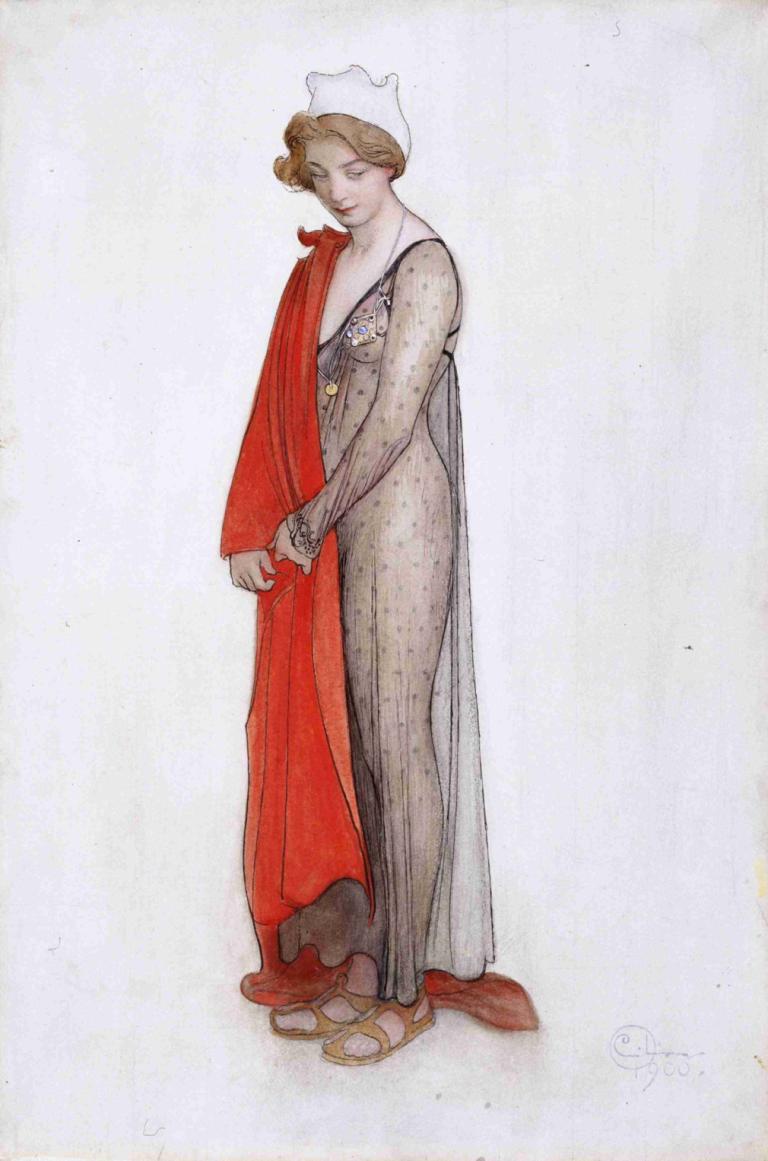 Rouge et noir,빨간색과 검은색,Carl Larsson,칼 라슨,오일 페인팅,오일 페인팅, 여자 1명, 독주, 샌들, 서 있는, 갈색 머리, 전신, 전통 미디어, 흰 바탕, 긴 소매