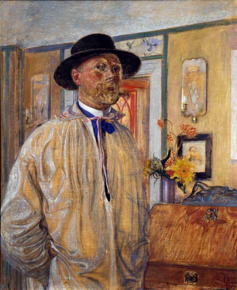 Self-Portrait,자화상,Carl Larsson,칼 라슨,오일 페인팅,오일 페인팅, 1남, 모자, 꽃, 남성 집중, 독주, 미술 패러디, 실내, 전통 미디어, 코스프레, 오래된