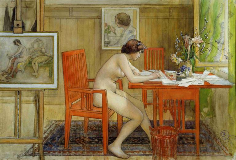 The Model Writing a Postcard,엽서 작성 모델,Carl Larsson,칼 라슨,오일 페인팅,오일 페인팅, 여자 1명, 나체상, 의자, 미술 패러디, 가슴, 독주, 전통 미디어