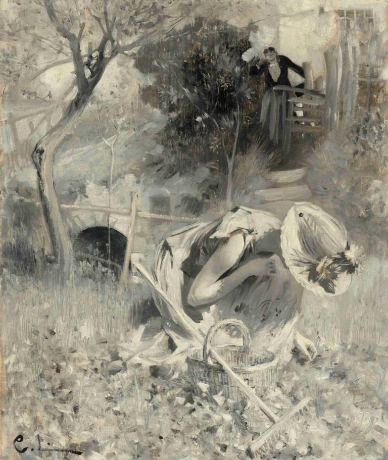 Trädgårdsidyll,정원 서사시,Carl Larsson,칼 라슨,오일 페인팅,오일 페인팅, 나무, 단색화, 묘비, 1남, 잔디, 전통 미디어, 남성 집중, 여러 소년