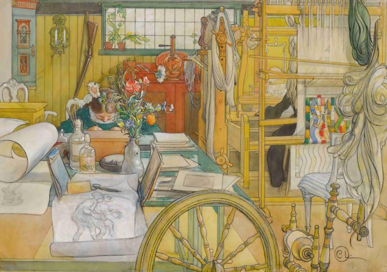 Verkstaden,워크샵,Carl Larsson,칼 라슨,오일 페인팅,오일 페인팅, 인간은 없어, 꽃, 경치, 식물, 꽃병, 실내, 전통 미디어, 창문, 로드된 인테리어, 책, 선반