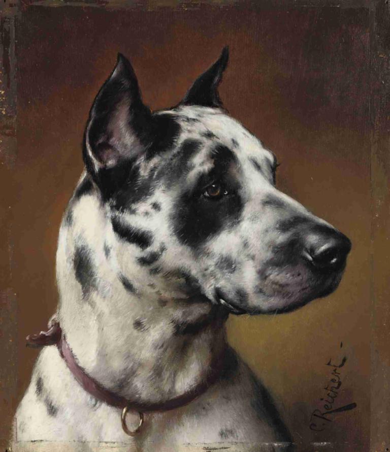 A Great Dane,Carl Reichert,Oil Painting,Oil Painting, no humans, animal focus, realistic, signature, animal