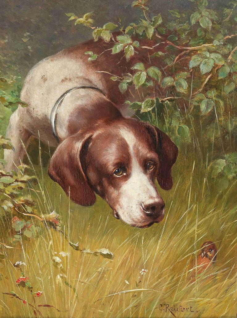 A Little Friend,En lille ven,Carl Reichert,Oliemaleri,Oliemaleri, ingen mennesker, græs, hund, realistisk