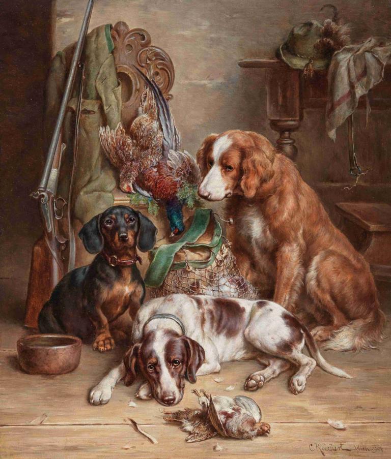 After the Hunt,Po polowaniu,Carl Reichert,Obraz olejny,Obraz olejny, pies, żadnych ludzi, pistolet, broń