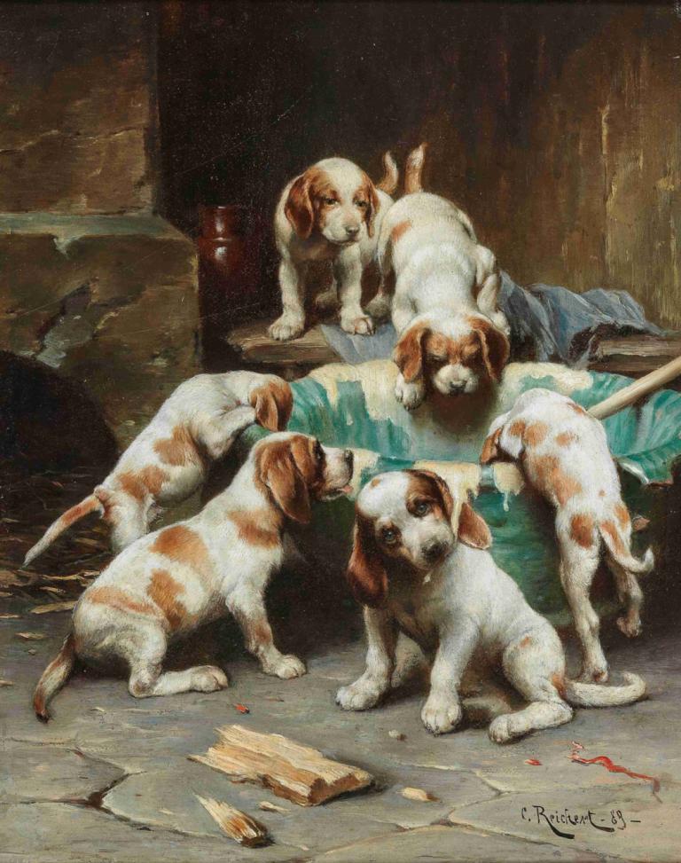 Beagle Puppies Feasting,Beagle štěňata hodování,Carl Reichert,Olejomalba,Olejomalba, Pes, žádní lidé