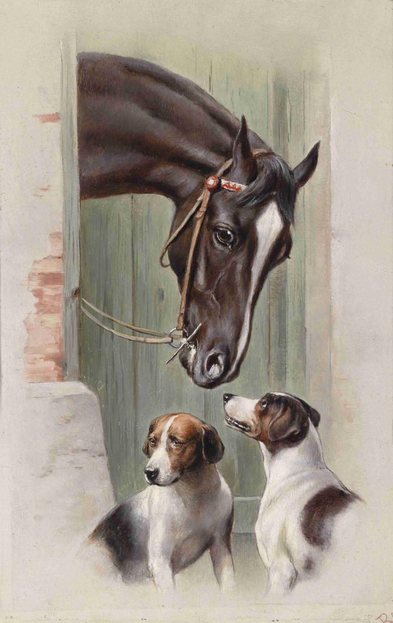 Besuch im Pferdestall,Carl Reichert,Oil Painting,Oil Painting, no humans, dog, traditional media, animal