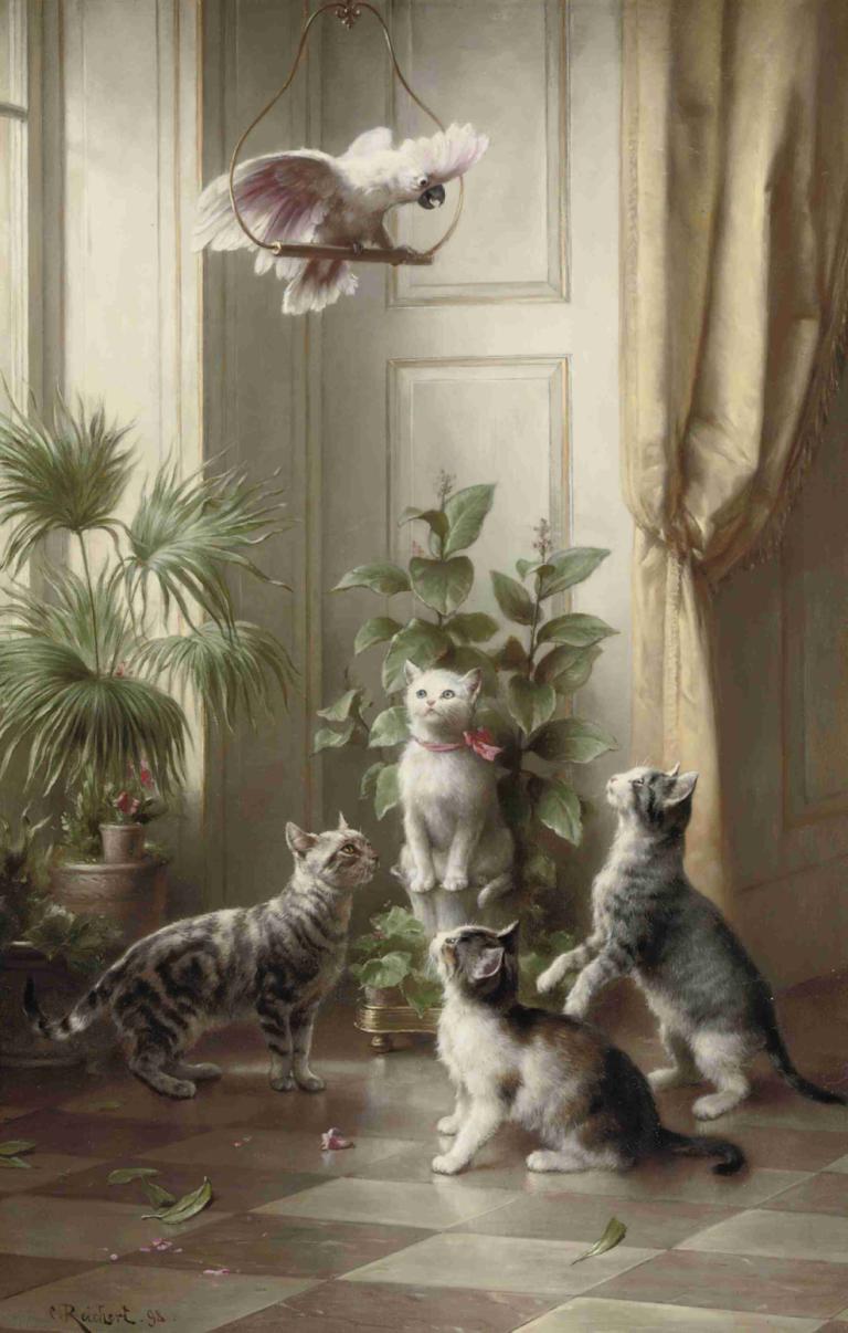 Cats and the cockatoo,Carl Reichert,Oil Painting,Oil Painting, no humans, cat, curtains, plant, animal focus